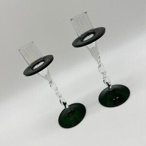Green Art Glass Twisted Stem Candlestick Holders Handmade Elegant Set of Two